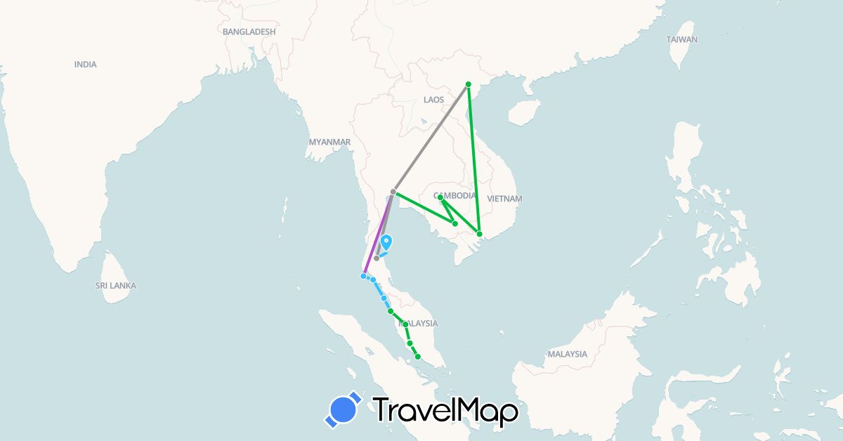TravelMap itinerary: bus, plane, train, boat in Cambodia, Malaysia, Thailand, Vietnam (Asia)